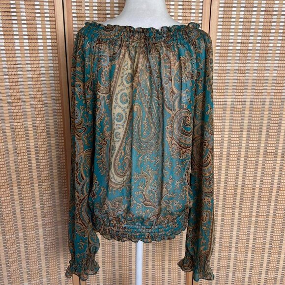 Vintage Y2K Rave boho turquoise and tan paisley print long sleeve blouse - Picture 5 of 6